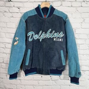 Miami Dolphins Bomber Jacket Men's M Full Zip Suede Leather NFL Spellout Helmet